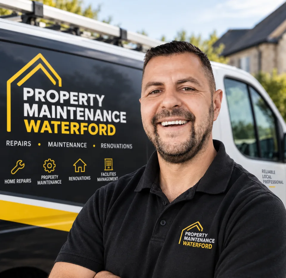 Valdas, owner of Property Maintenance Waterford, beside his branded van